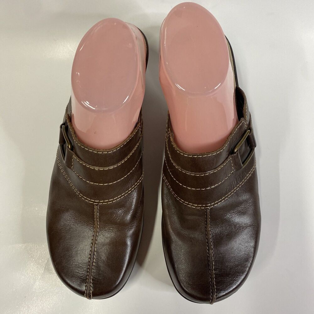 Naturalizer Brown Leather Clogs Women's Sz 10M Lial Mules S110 Metal Accents - Picture 15 of 15